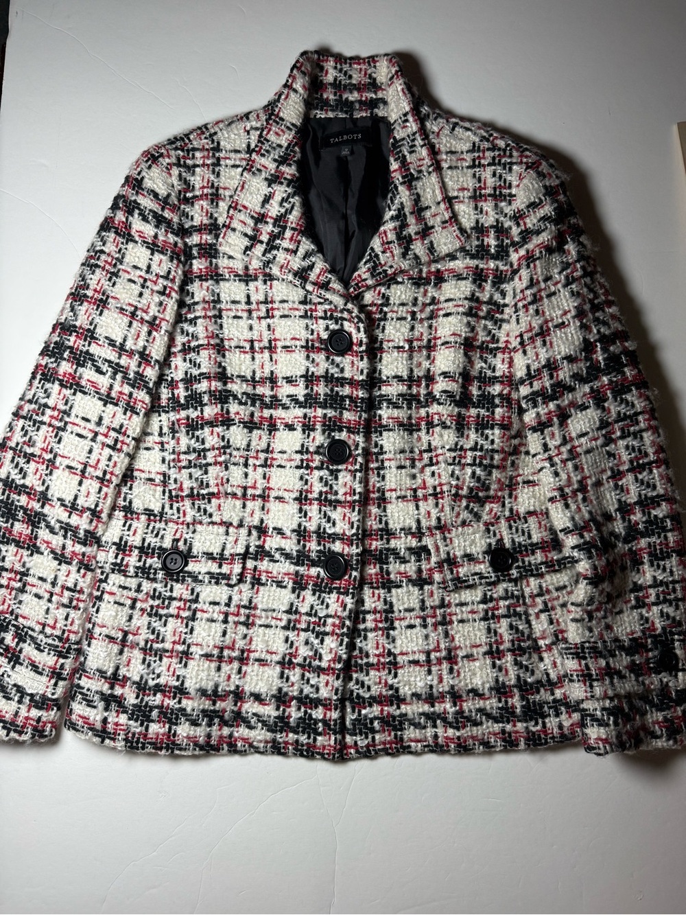 Talbots Size 12 Wool Blend Bouclé Tweed Plaid Blazer Jacket Black, Red, White